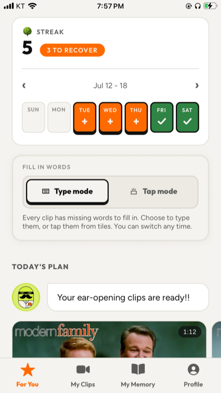 PopEar's home screen on an iPhone: a 5-day streak with recoverable days, a type-or-tap mode switch, and today's plan of listening clips
